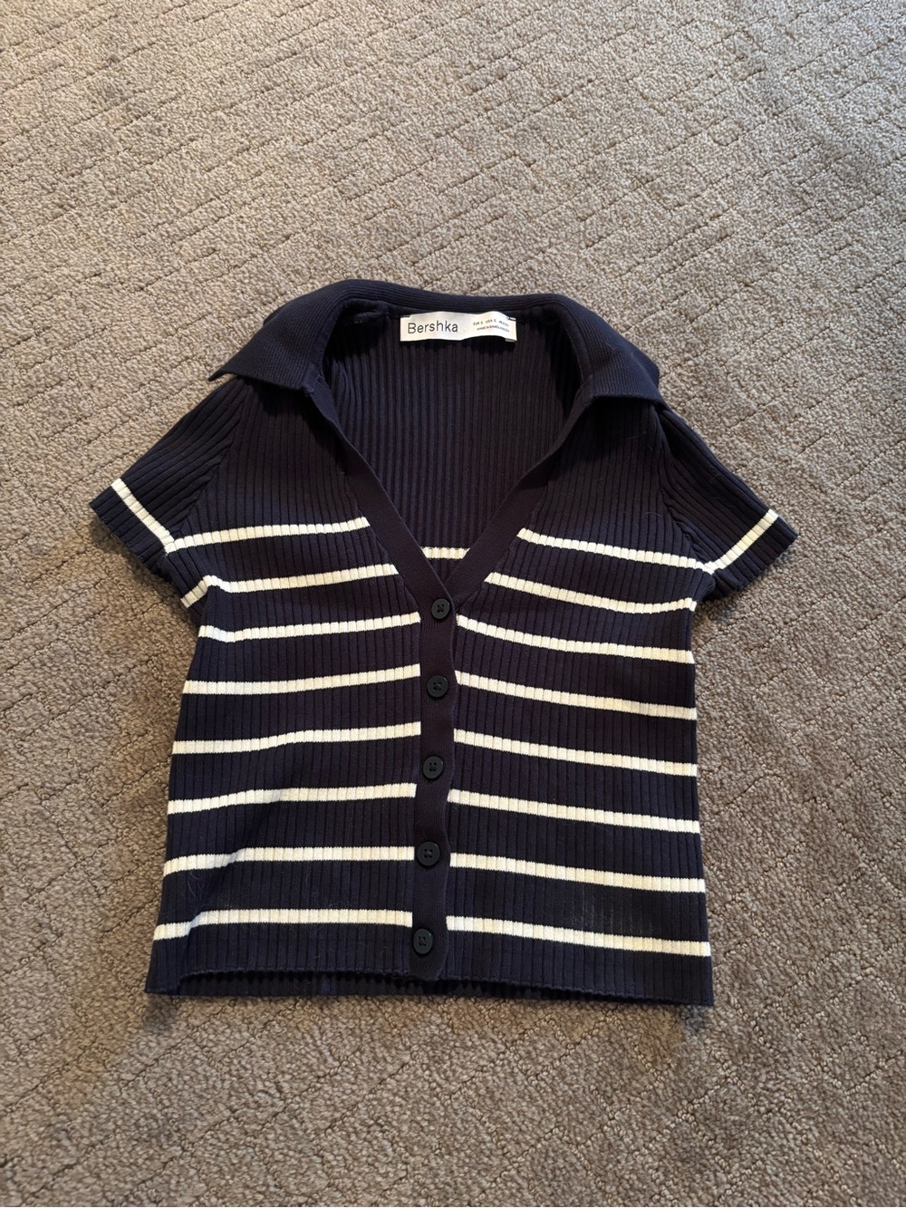 Bershka Navy Ribbed Collared Knit Top
